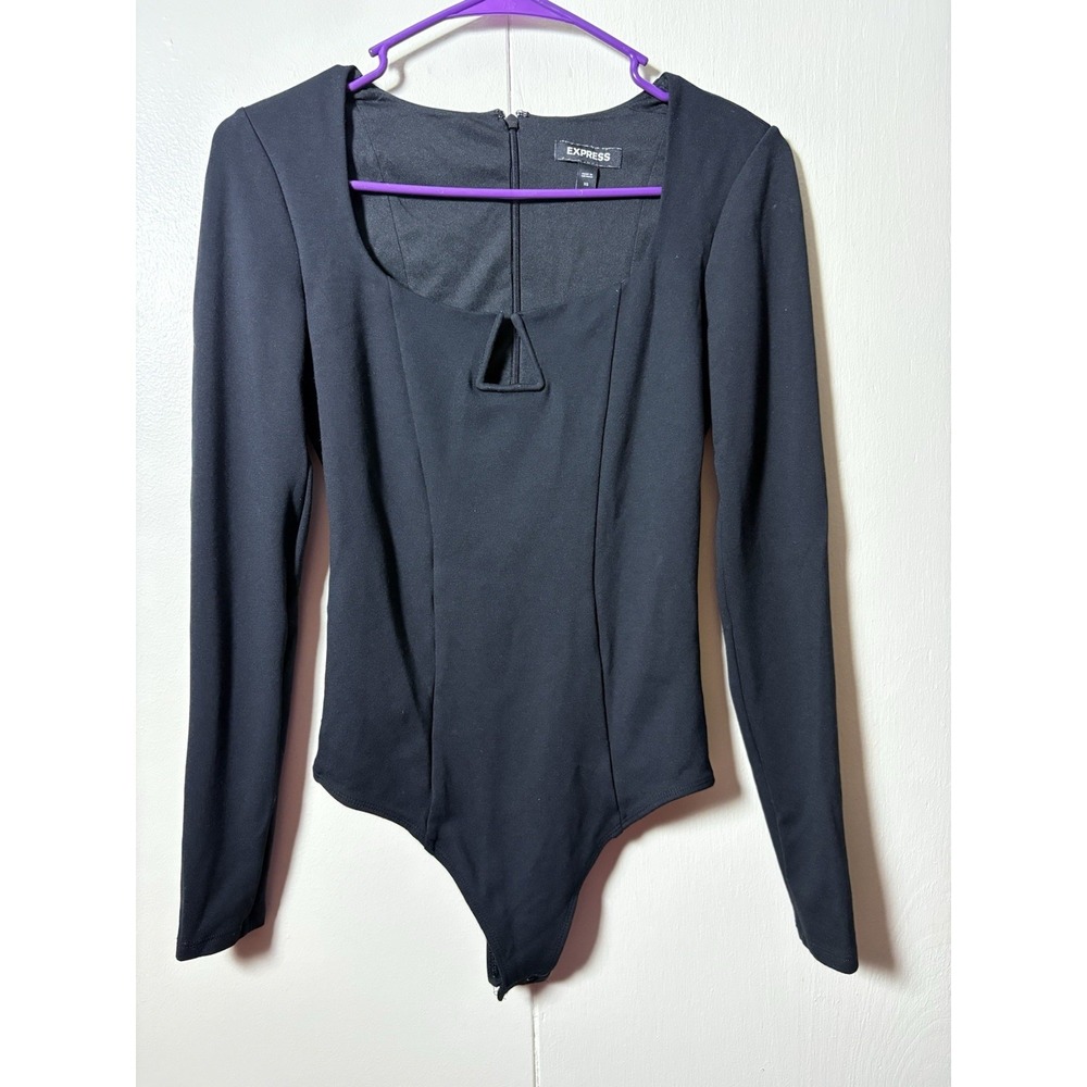 Express XS Black Long Sleeve Bodysuit Square Neck Cutout Stretch Y2K Baddie Fit